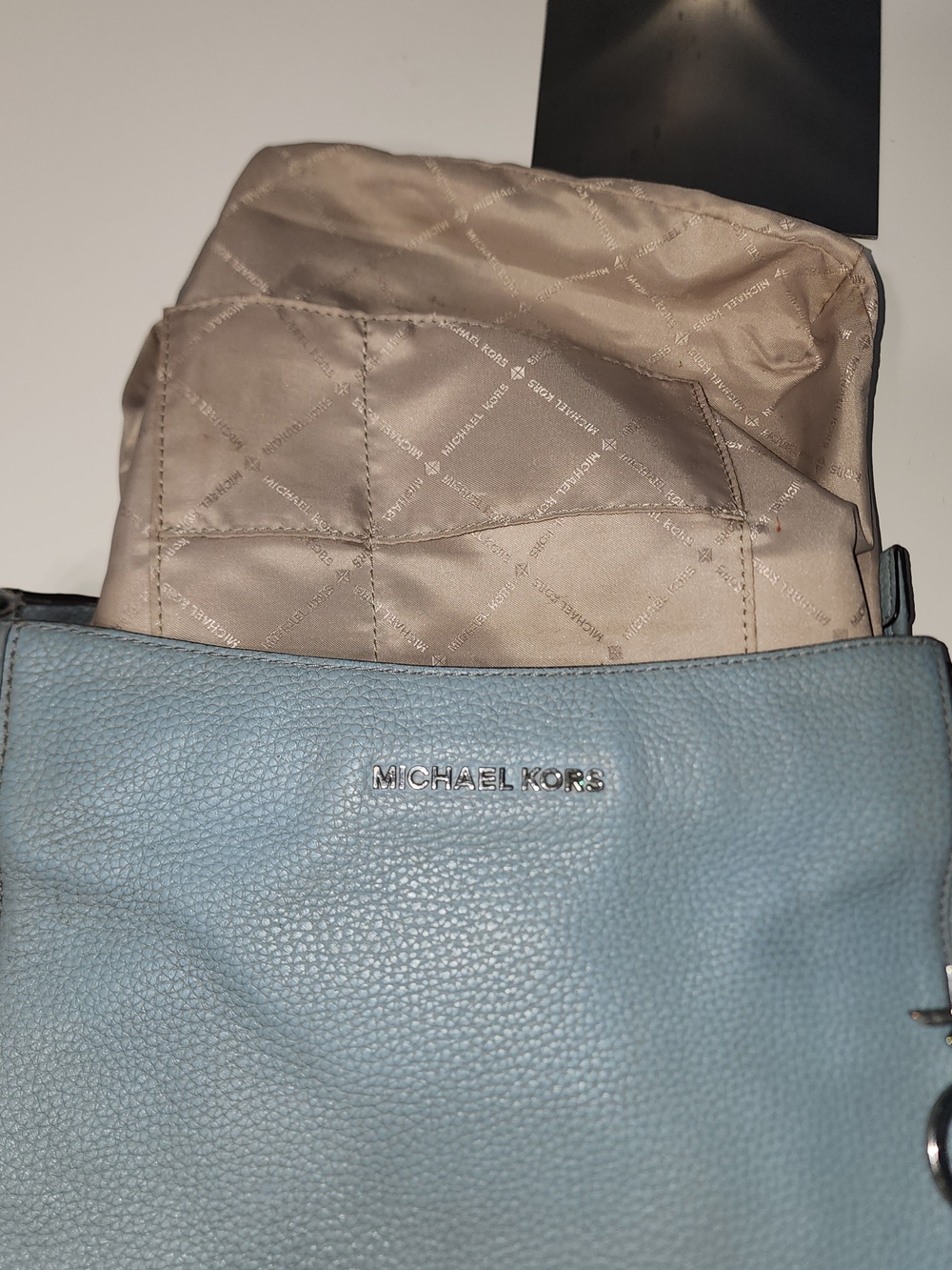 Michael Kors Light Blue Pebbled Leather Shoulder Bag MK Charm Silver Preowned - Picture 14 of 16